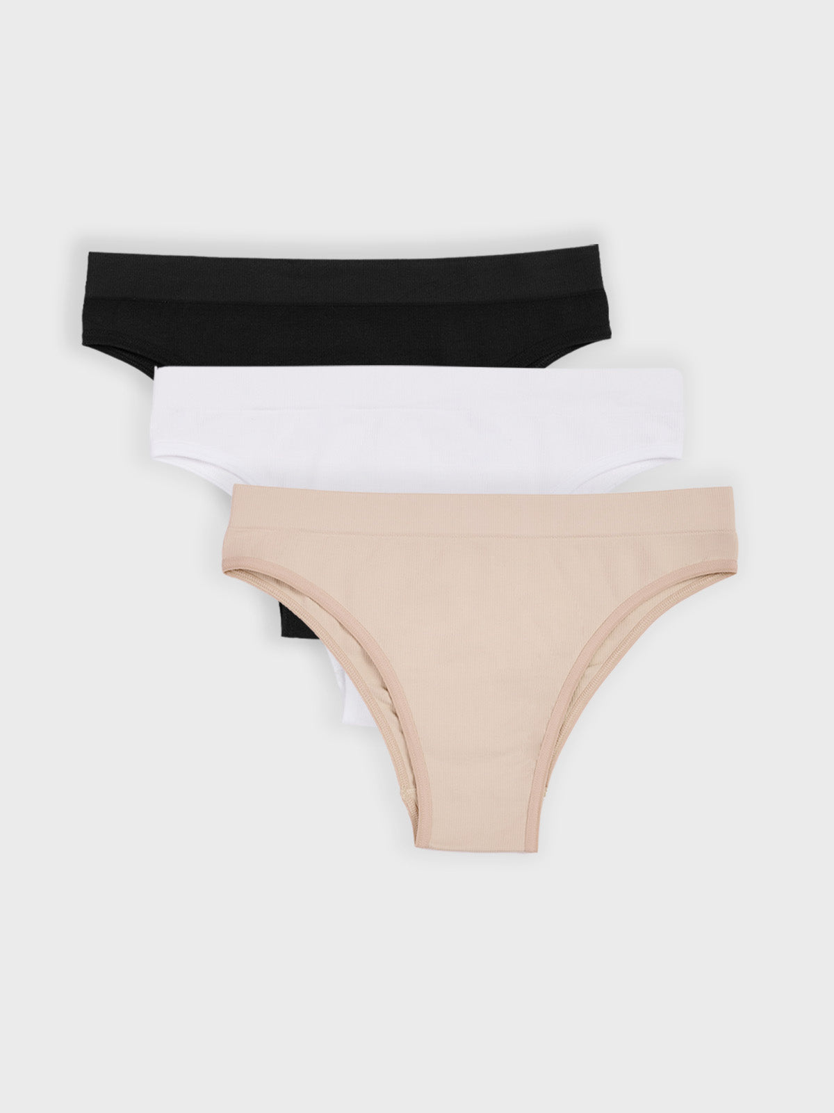 Kit com 3 Calcinhas Biquíni Canelado Sem Costura Premium (1 Branco, 1 Preto e 1 Bege)