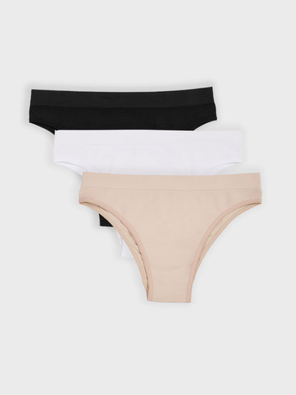 Kit com 3 Calcinhas Biquíni Canelado Sem Costura Premium (1 Branco, 1 Preto e 1 Bege)