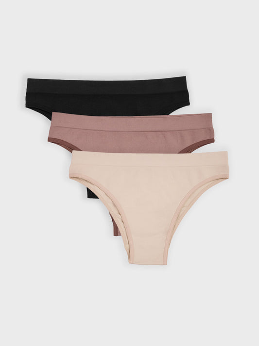 Kit com 3 Calcinhas Biquíni Canelado Sem Costura Premium (1 Preto, 1 Bege e 1 Marrom Cacau)