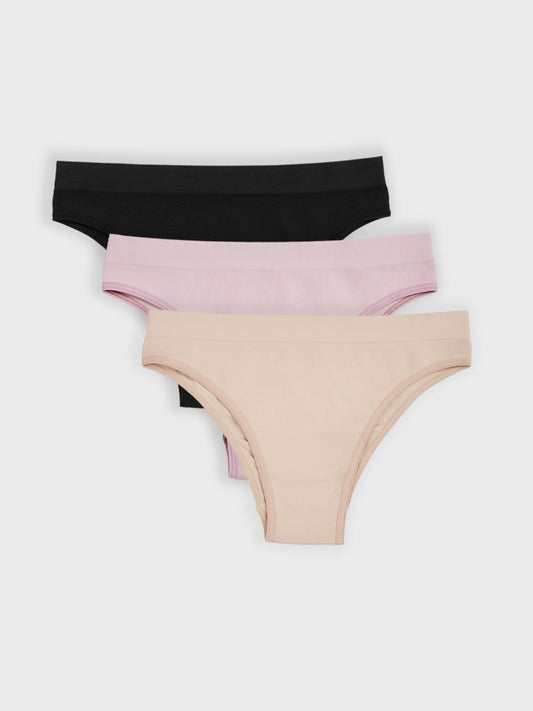 Kit com 3 Calcinhas Biquíni Canelado Sem Costura Premium (1 Preto, 1 Bege e 1 Rose)