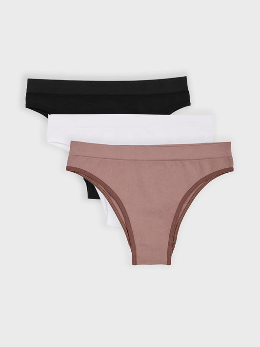 Kit com 3 Calcinhas Biquíni Canelado Sem Costura Premium (1 Branco, 1 Preto e 1 Marrom Cacau)