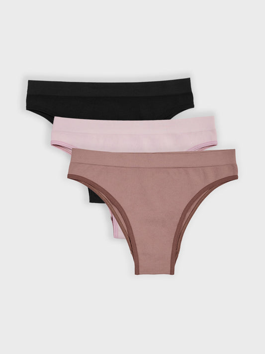 Kit com 3 Calcinhas Biquíni Canelado Sem Costura Premium (1 Preto, 1 Rose e 1 Marrom Cacau)