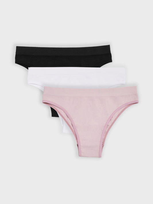 Kit com 3 Calcinhas Biquíni Canelado Sem Costura Premium (1 Branco, 1 Preto e 1 Rose)