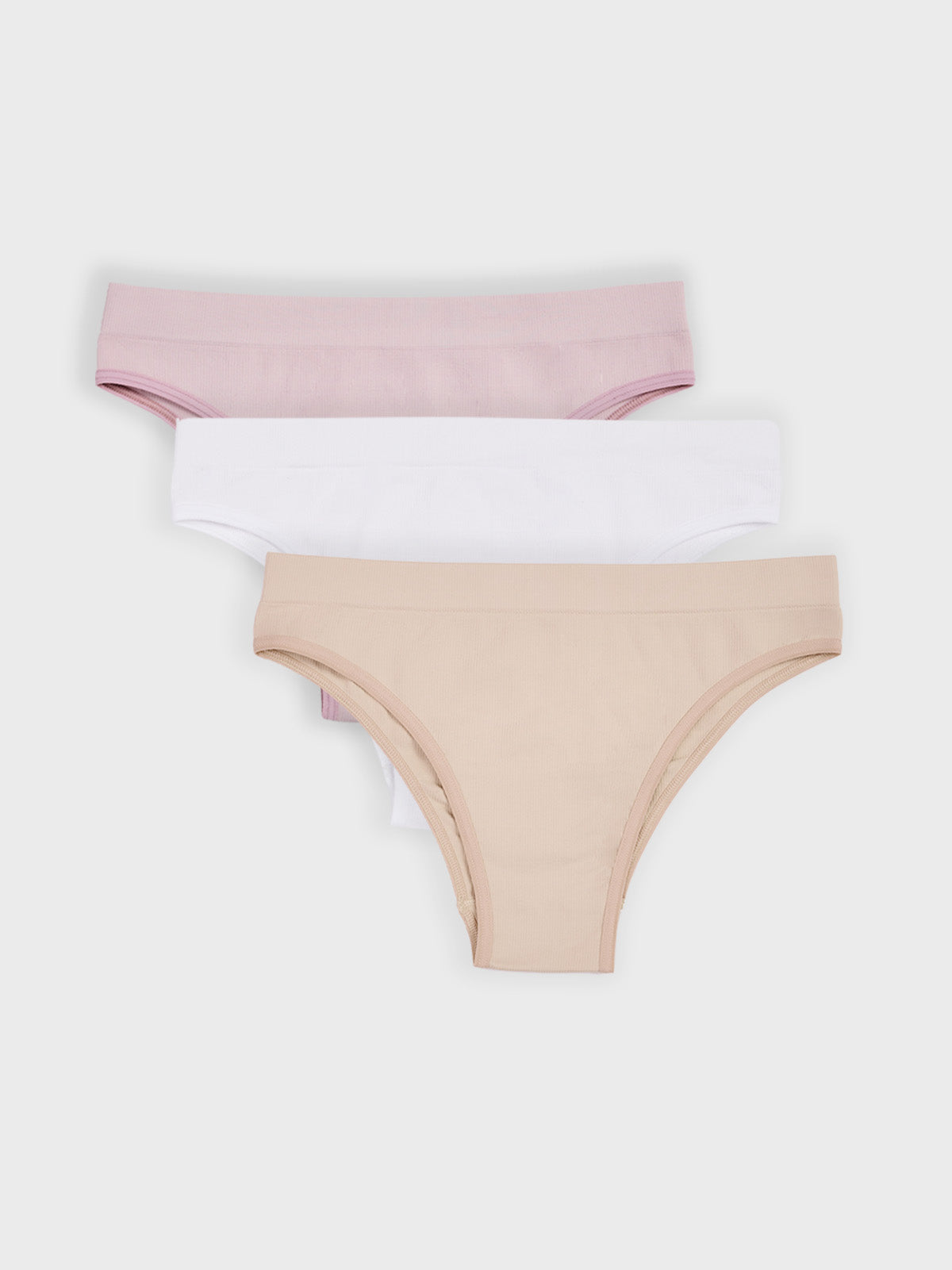 Kit com 3 Calcinhas Biquíni Canelado Sem Costura Premium (1 Branco, 1 Bege e 1 Rose)