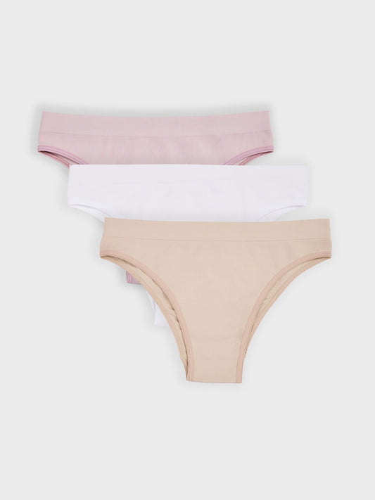 Kit com 3 Calcinhas Biquíni Canelado Sem Costura Premium (1 Branco, 1 Bege e 1 Rose)