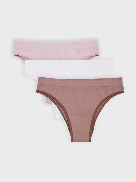 Kit com 3 Calcinhas Biquíni Canelado Sem Costura Premium (1 Branco, 1 Rose e 1 Marrom Cacau)