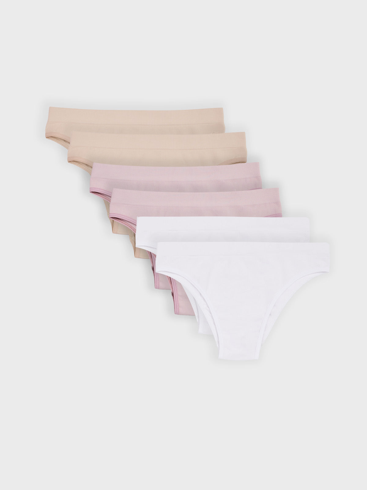 Kit com 6 Calcinhas Biquíni Canelado Sem Costura Premium (2 Bege, 2 Rose e 2 Branco)