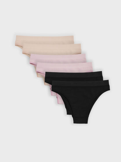 Kit com 6 Calcinhas Biquíni Canelado Sem Costura Premium (2 Bege, 2 Rose e 2 Preto)