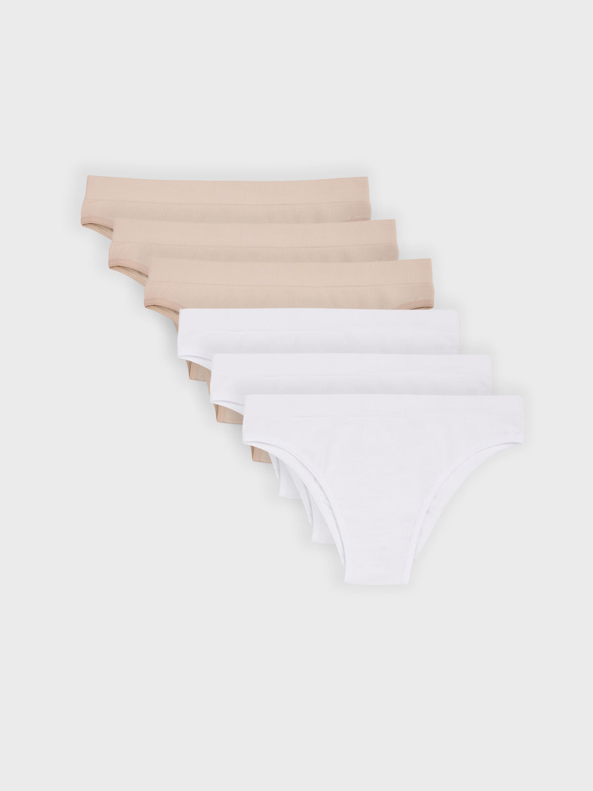 Kit com 6 Calcinhas Biquíni Canelado Sem Costura Premium (3 Branco e 3 Bege)