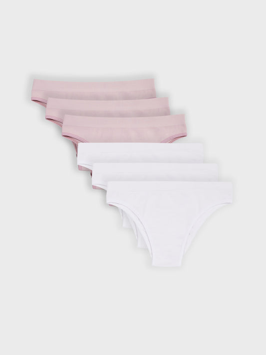 Kit com 6 Calcinhas Biquíni Canelado Sem Costura Premium (3 Branco e 3 Rose)