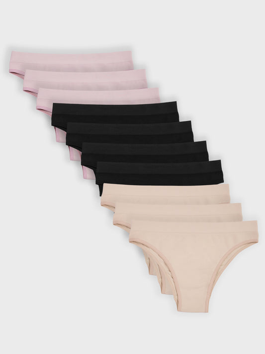 Kit com 10 Calcinhas Biquíni Canelado Sem Costura Premium (4 Preto, 3 Bege e 3 Rose)