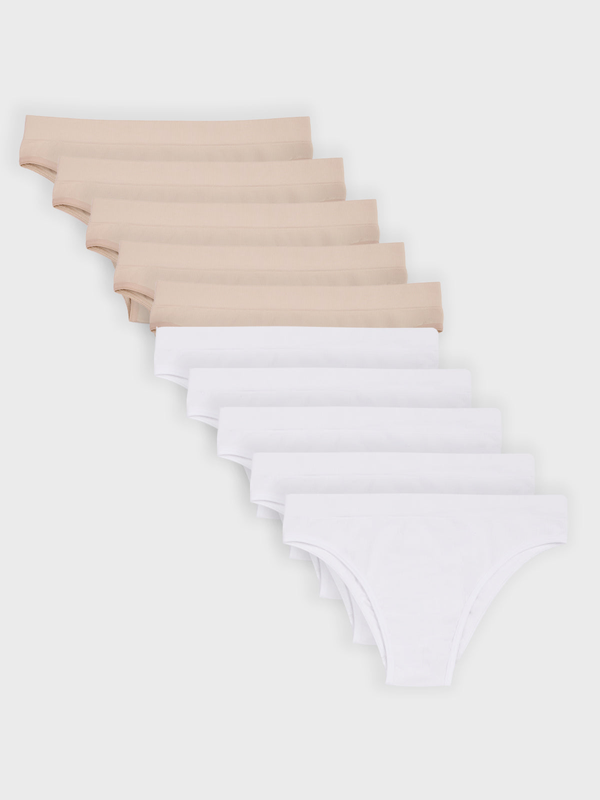 Kit com 10 Calcinhas Biquíni Canelado Sem Costura Premium (5 Branco e 5 Bege)