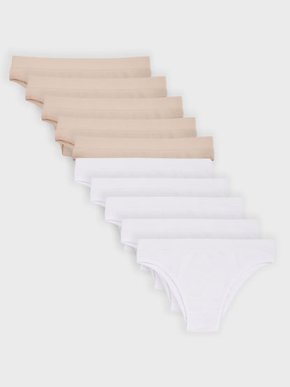 Kit com 10 Calcinhas Biquíni Canelado Sem Costura Premium (5 Branco e 5 Bege)