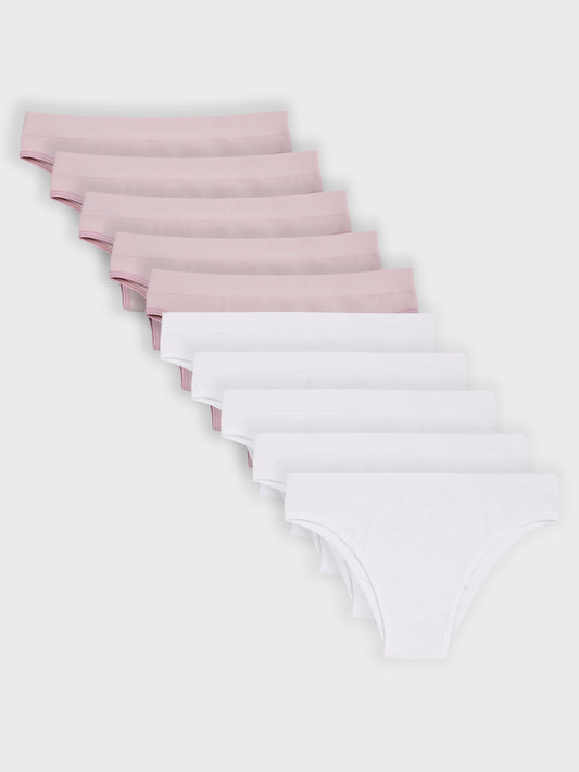 Kit com 10 Calcinhas Biquíni Canelado Sem Costura Premium (5 Branco e 5 Rose)