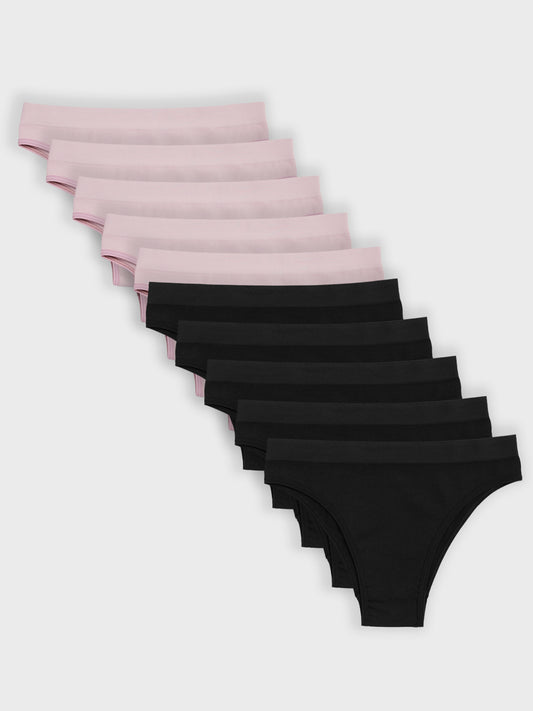 Kit com 10 Calcinhas Biquíni Canelado Sem Costura Premium (5 Preto e 5 Rose)