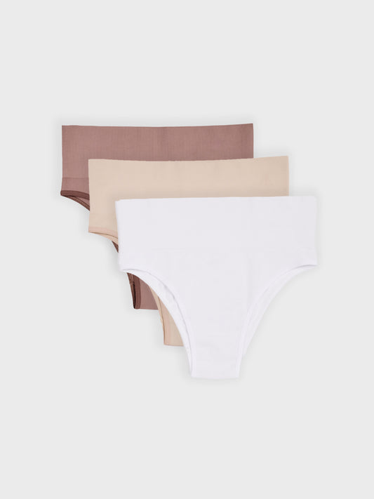 Kit com 3 Calcinhas Biquíni Redutora Canelado Sem Costura Premium (1 Branco, 1 Bege e 1 Marrom Cacau)