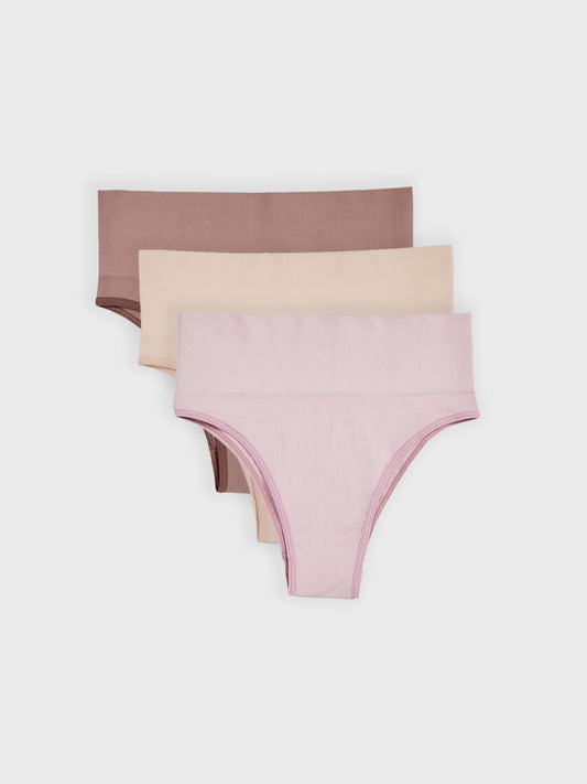 Kit com 3 Calcinhas Biquíni Redutora Canelado Sem Costura Premium (1 Bege, 1 Rose e 1 Marrom Cacau)
