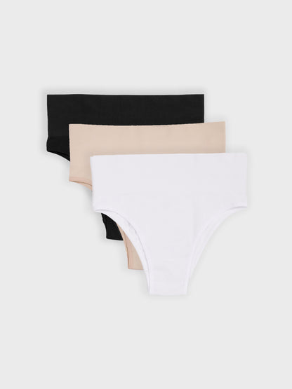 Kit com 3 Calcinhas Biquíni Redutora Canelado Sem Costura Premium (1 Branco, 1 Preto e 1 Bege)