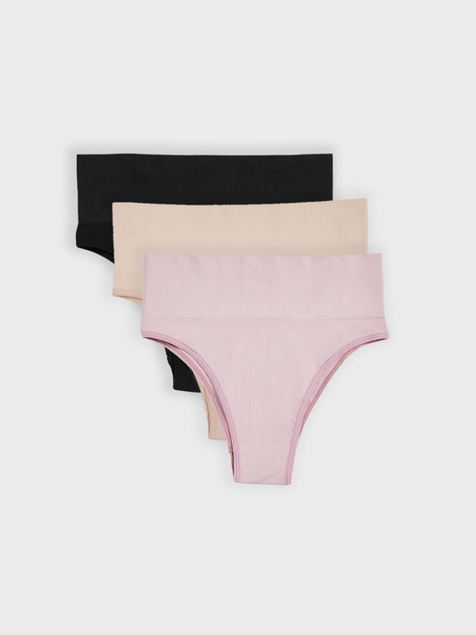 Kit com 3 Calcinhas Biquíni Redutora Canelado Sem Costura Premium (1 Preto, 1 Bege e 1 Rose)