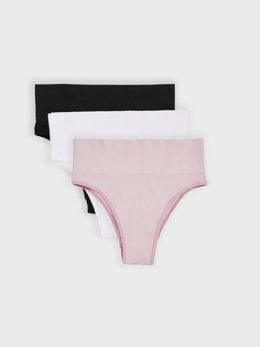 Kit com 3 Calcinhas Biquíni Redutora Canelado Sem Costura Premium (1 Branco, 1 Preto e 1 Rose)
