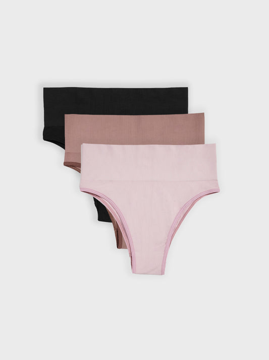 Kit com 3 Calcinhas Biquíni Redutora Canelado Sem Costura Premium (1 Preto, 1 Rose e 1 Marrom Cacau)