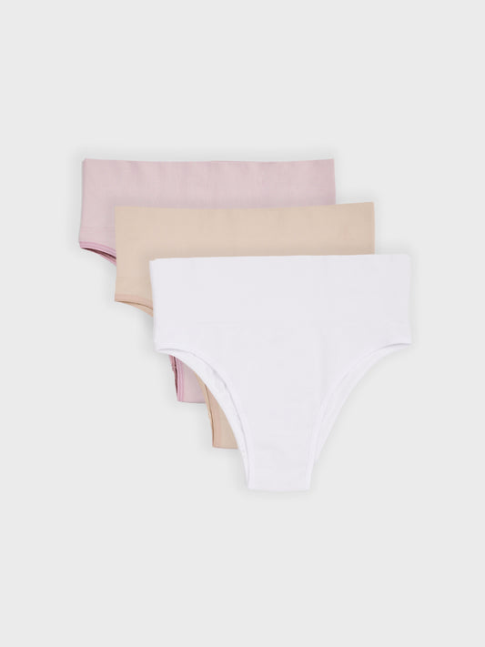 Kit com 3 Calcinhas Biquíni Redutora Canelado Sem Costura Premium (1 Branco, 1 Bege e 1 Rose)