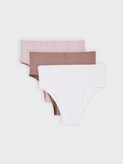 Kit com 3 Calcinhas Biquíni Redutora Canelado Sem Costura Premium (1 Branco, 1 Rose e 1 Marrom Cacau)
