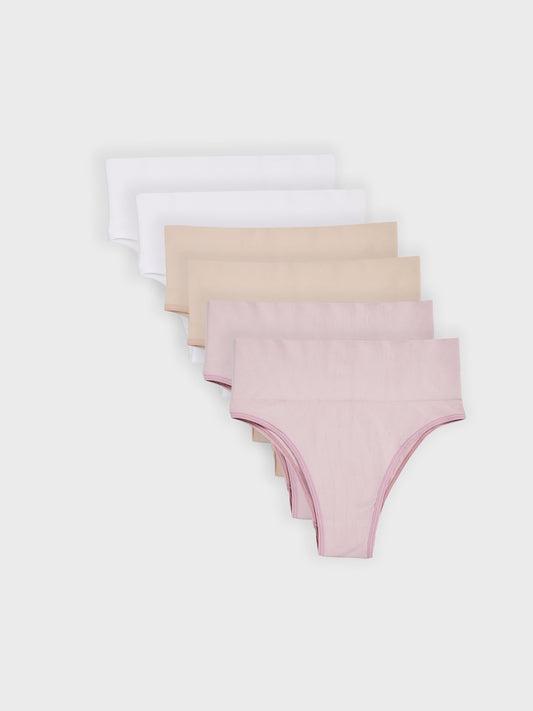 Kit com 6 Calcinhas Biquíni Redutora Canelado Sem Costura Premium (2 Bege, 2 Rose e 2 Branco)