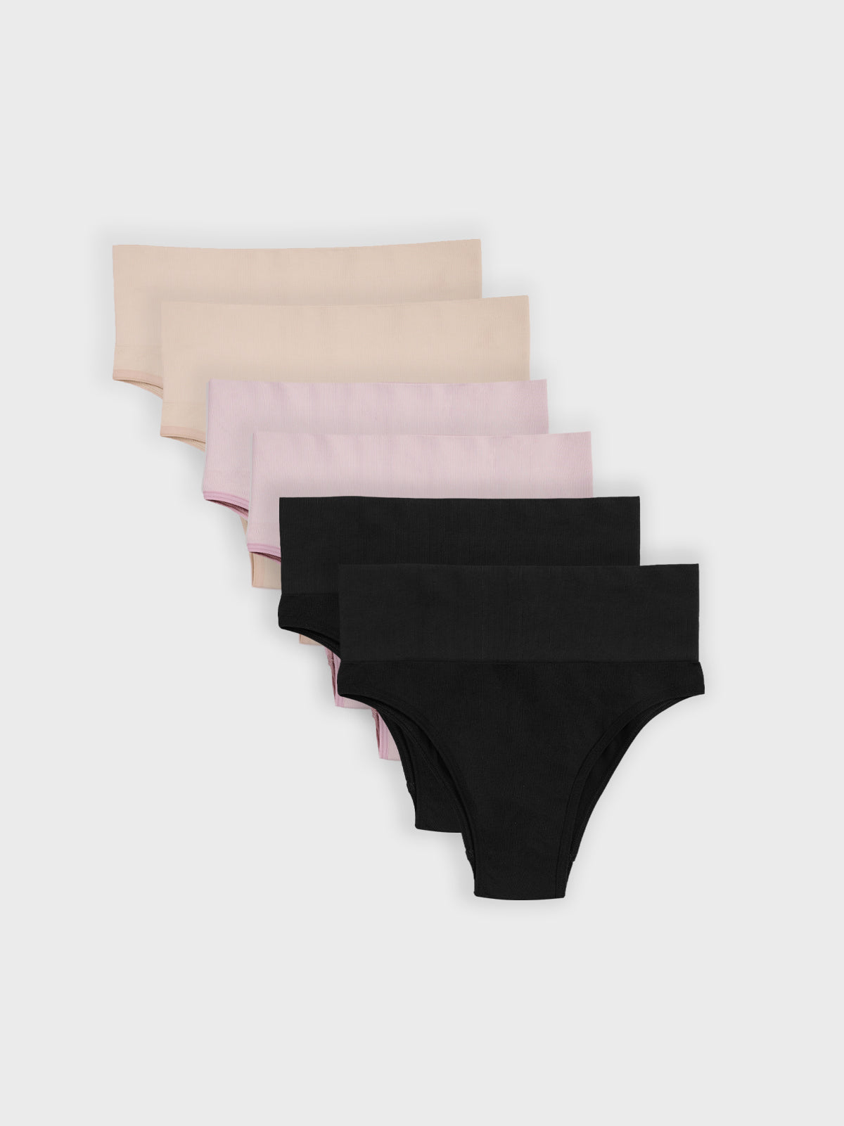 Kit com 6 Calcinhas Biquíni Redutora Canelado Sem Costura Premium (2 Bege, 2 Rose e 2 Preto)
