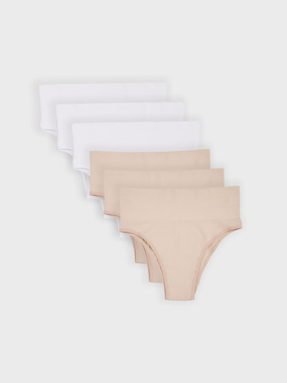 Kit com 6 Calcinhas Biquíni Redutora Canelado Sem Costura Premium (3 Branco e 3 Bege)