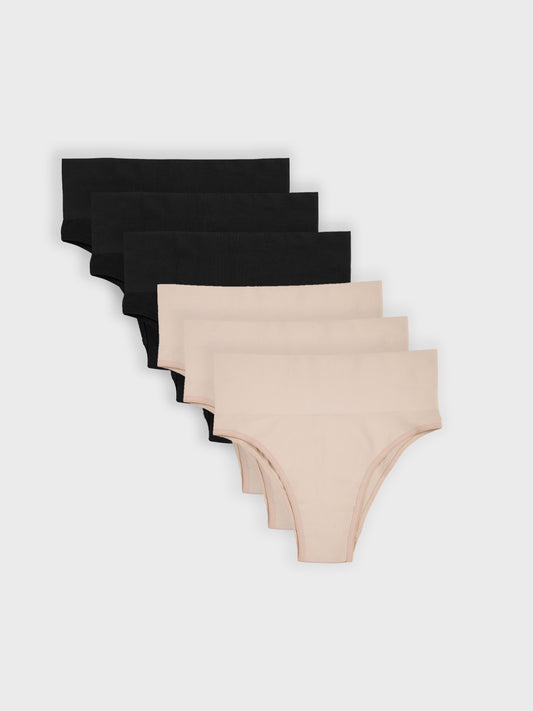 Kit com 6 Calcinhas Biquíni Redutora Canelado Sem Costura Premium (3 Preto e 3 Bege)