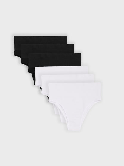 Kit com 6 Calcinhas Biquíni Redutora Canelado Sem Costura Premium (3 Preto e 3 Branco)