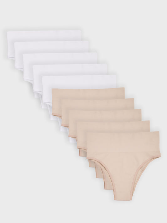 Kit com 10 Calcinhas Biquíni Redutora Canelado Sem Costura Premium (5 Branco e 5 Bege)