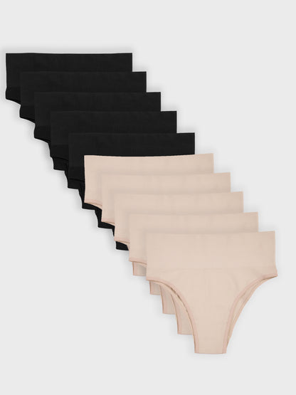 Kit com 10 Calcinhas Biquíni Redutora Canelado Sem Costura Premium (5 Preto e 5 Bege)