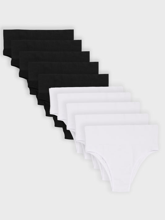 Kit com 10 Calcinhas Biquíni Redutora Canelado Sem Costura Premium (5 Branco e 5 Preto)