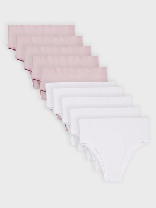 Kit com 10 Calcinhas Biquíni Redutora Canelado Sem Costura Premium (5 Branco e 5 Rose)