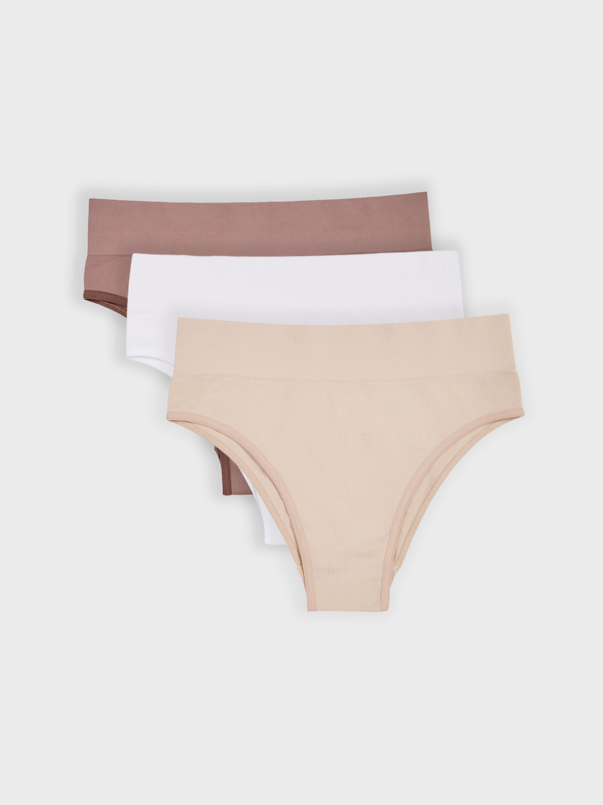 Kit com 3 Calcinhas Biquíni Cintura Alta Canelado Sem Costura Premium (1 Branco, 1 Bege e 1 Marrom Cacau)
