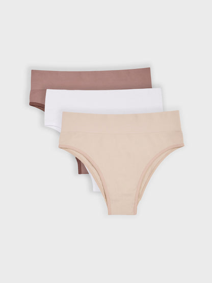 Kit com 3 Calcinhas Biquíni Cintura Alta Canelado Sem Costura Premium (1 Branco, 1 Bege e 1 Marrom Cacau)