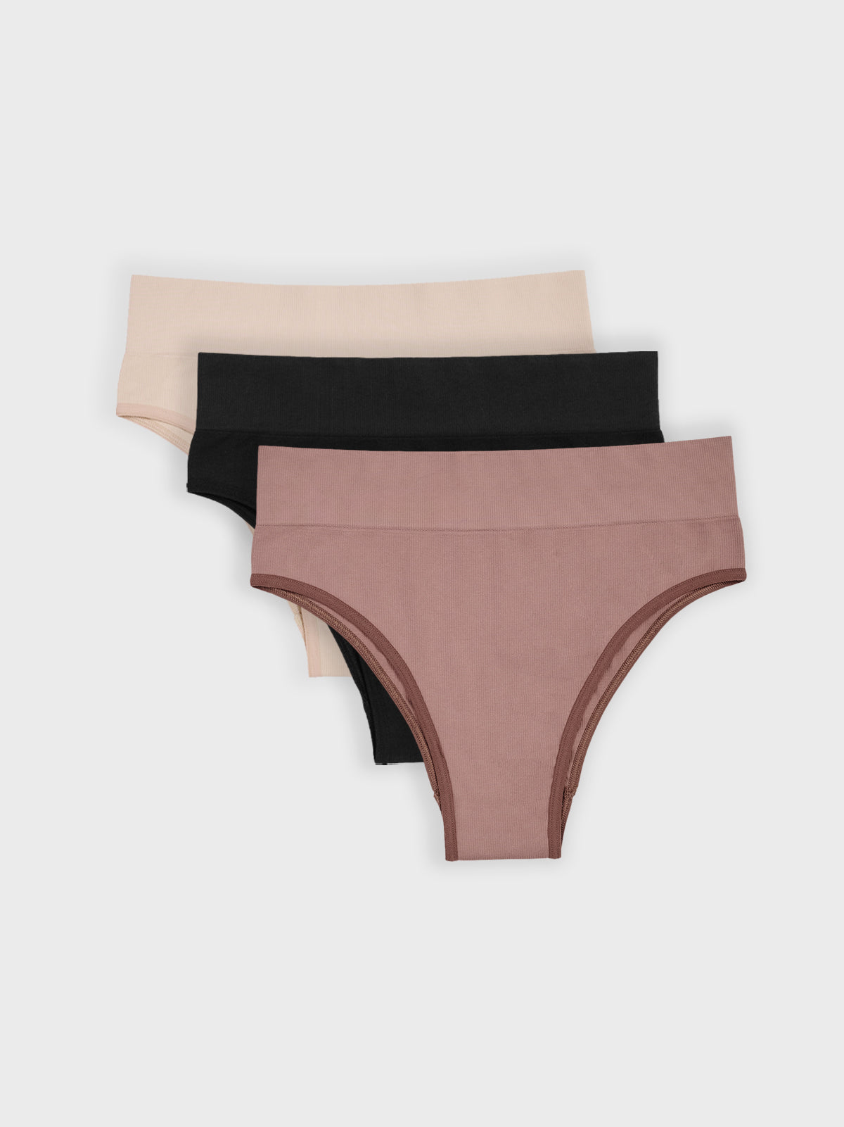 Kit com 3 Calcinhas Biquíni Cintura Alta Canelado Sem Costura Premium (1 Preto, 1 Bege e 1 Marrom Cacau)