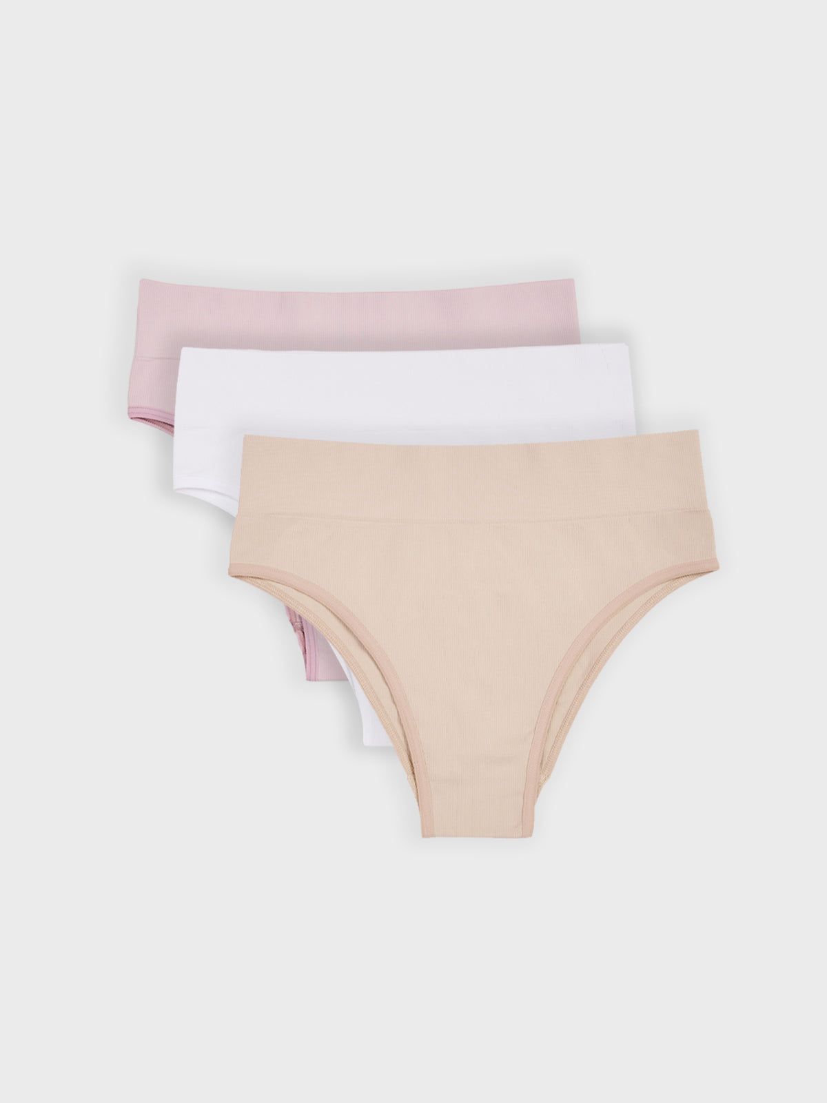 Kit com 3 Calcinhas Biquíni Cintura Alta Canelado Sem Costura Premium (1 Branco, 1 Bege e 1 Rose)