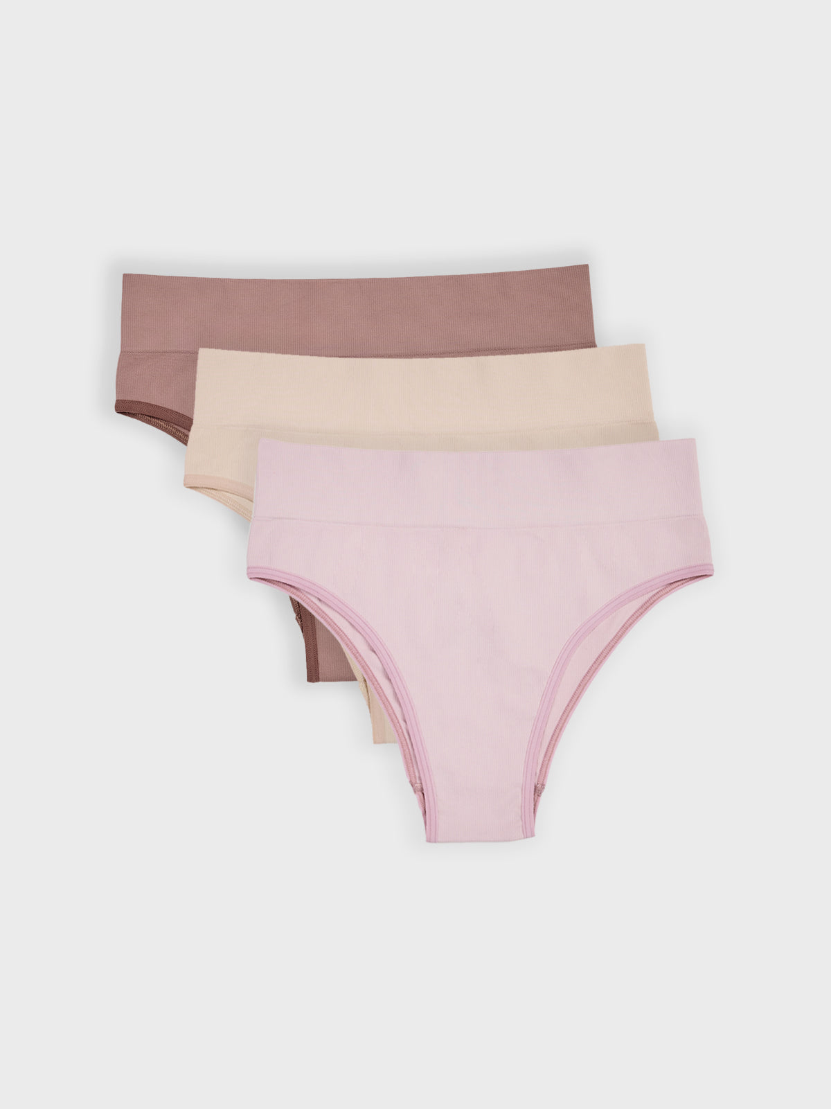 Kit com 3 Calcinhas Biquíni Cintura Alta Canelado Sem Costura Premium (1 Bege, 1 Rose e 1 Marrom Cacau)