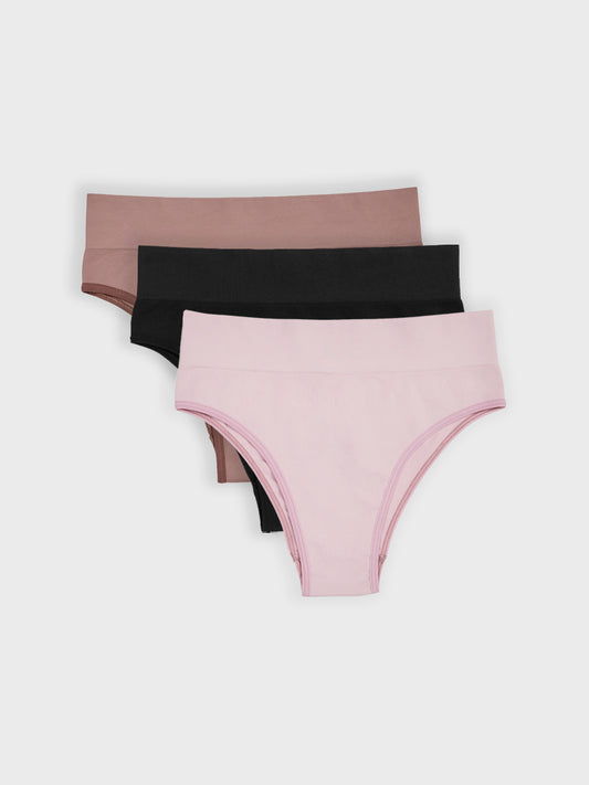 Kit com 3 Calcinhas Biquíni Cintura Alta Canelado Sem Costura Premium (1 Preto, 1 Rose e 1 Marrom Cacau)
