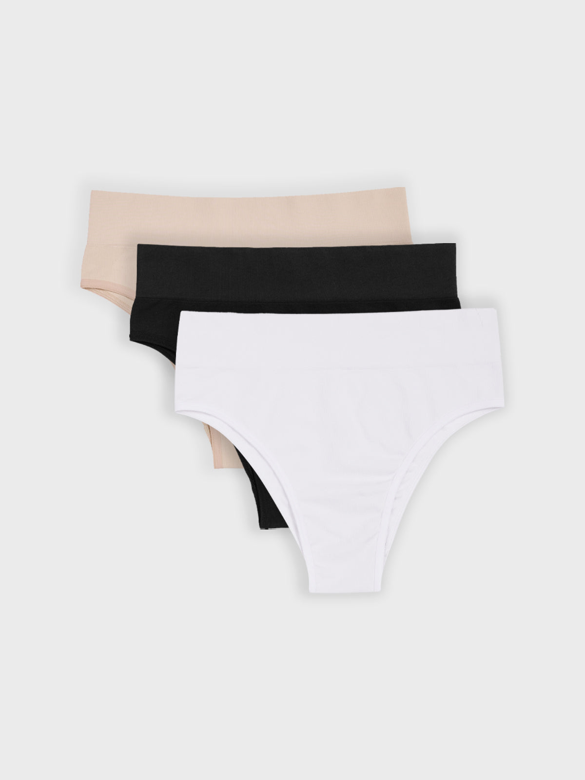 Kit com 3 Calcinhas Biquíni Cintura Alta Canelado Sem Costura Premium (1 Branco, 1 Preto e 1 Bege)
