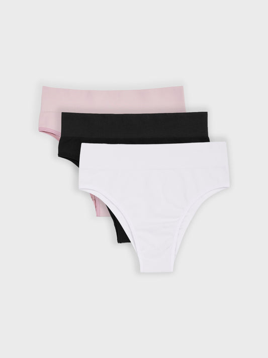 Kit com 3 Calcinhas Biquíni Cintura Alta Canelado Sem Costura Premium (1 Branco, 1 Preto e 1 Rose)