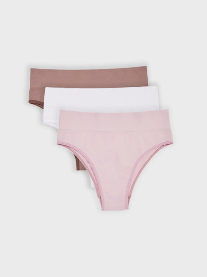 Kit com 3 Calcinhas Biquíni Cintura Alta Canelado Sem Costura Premium (1 Branco, 1 Rose e 1 Marrom Cacau)