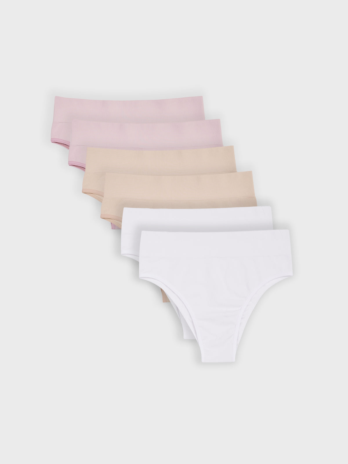 Kit com 6 Calcinhas Biquíni Cintura Alta Canelado Sem Costura Premium (2 Bege, 2 Rose e 2 Branco)