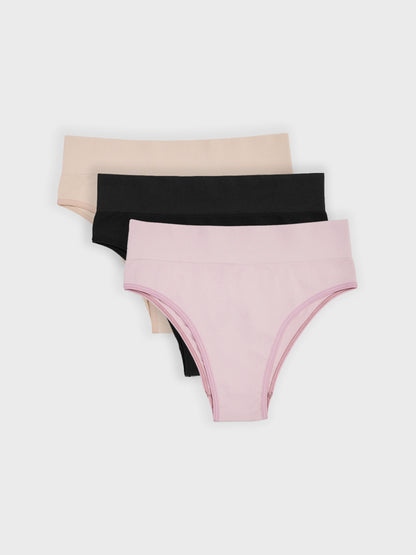 Kit com 3 Calcinhas Biquíni Cintura Alta Canelado Sem Costura Premium (1 Preto, 1 Bege e 1 Rose)
