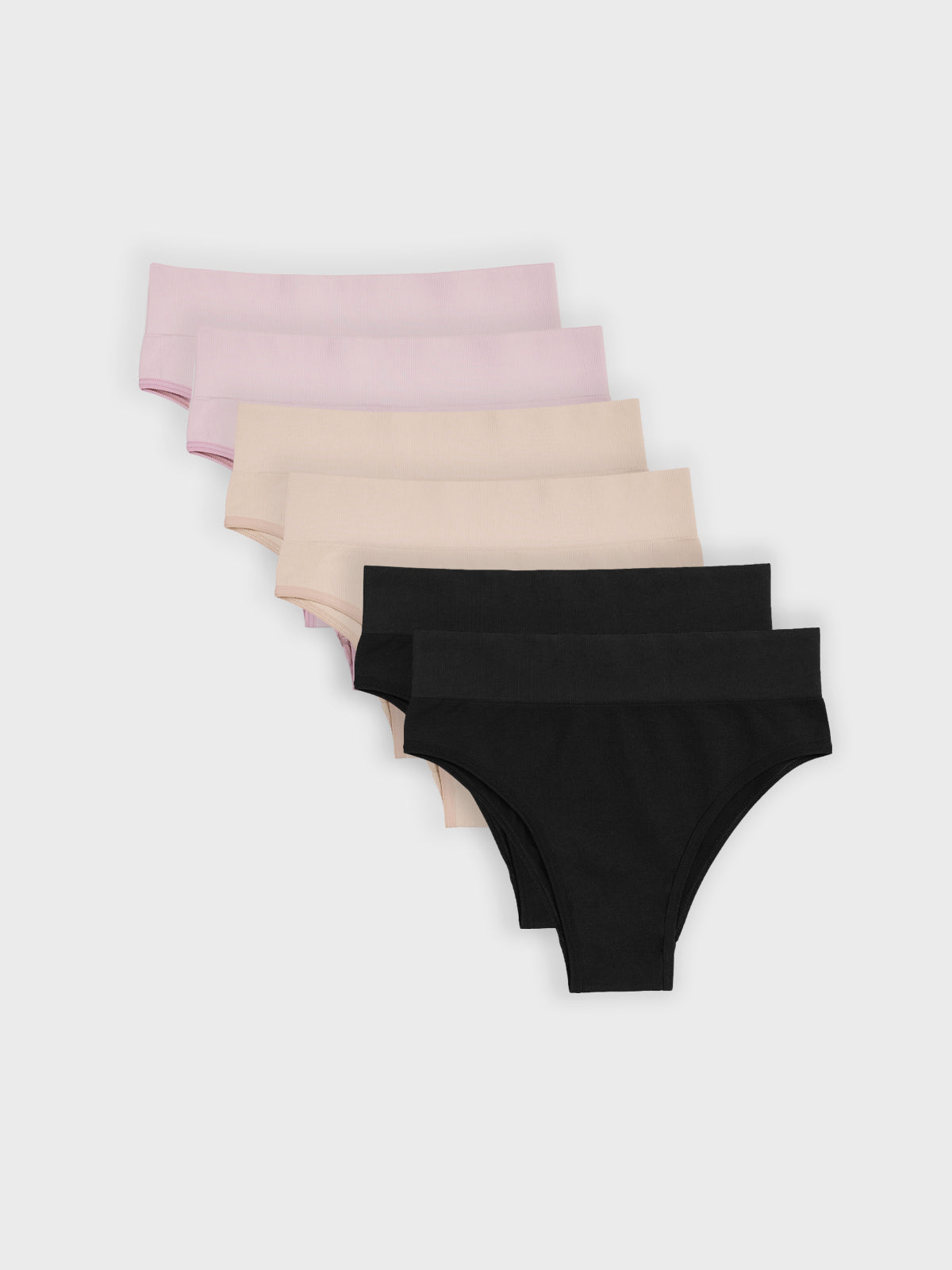 Kit com 6 Calcinhas Biquíni Cintura Alta Canelado Sem Costura Premium (2 Bege, 2 Rose e 2 Preto)