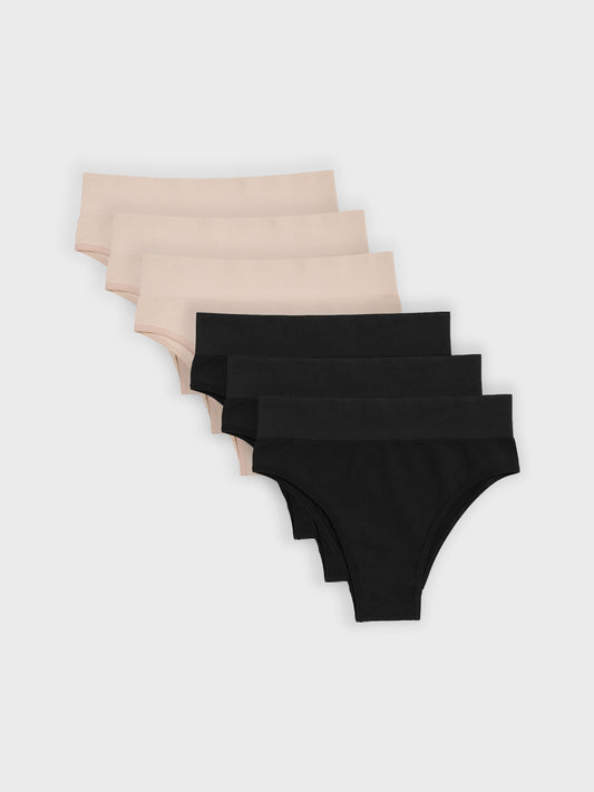 Kit com 6 Calcinhas Biquíni Cintura Alta Canelado Sem Costura Premium (3 Preto e 3 Bege)