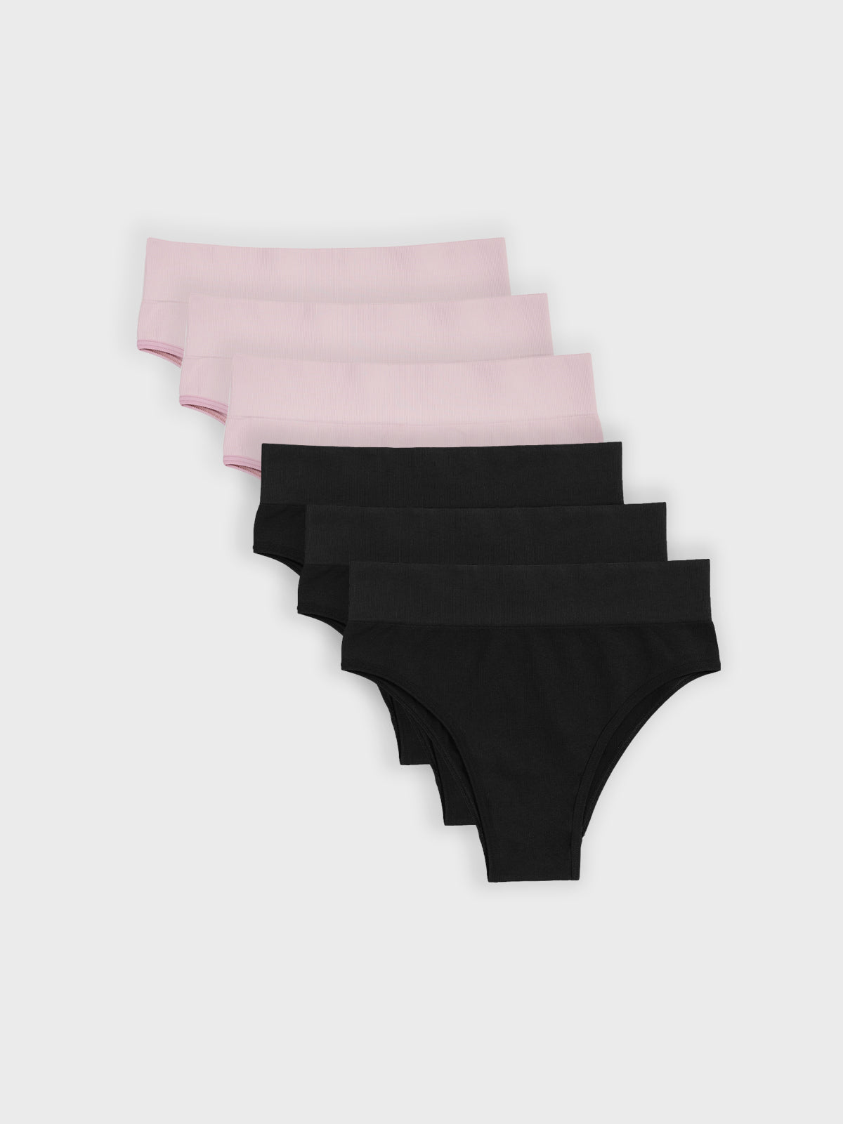 Kit com 6 Calcinhas Biquíni Cintura Alta Canelado Sem Costura Premium (3 Preto e 3 Rose)